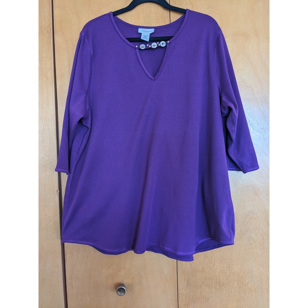 Avenue Stretch Boho Purple V-Neck Top Bead Shell Detail 3/4 Sleeve Plus 22/24